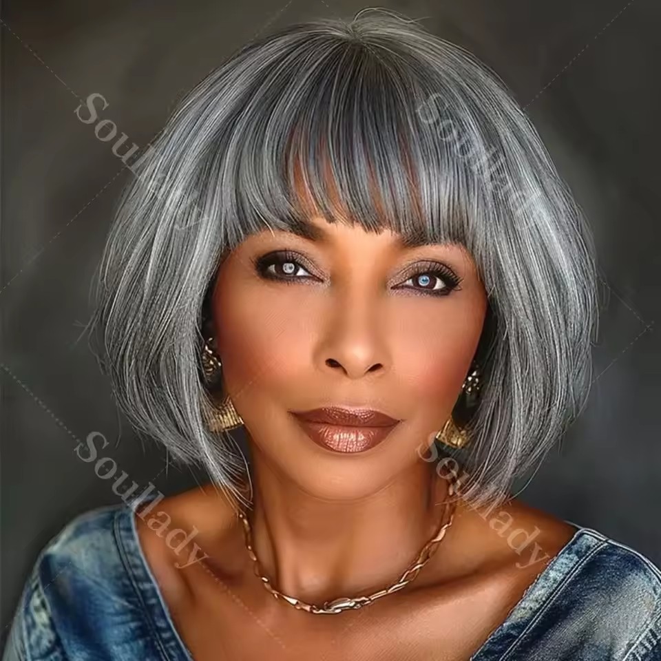 Chic Salt & Pepper Short Straight Bob Wig With Bangs Real Human Hair Wear and Go Glueless Fringe Wigs For Seniors