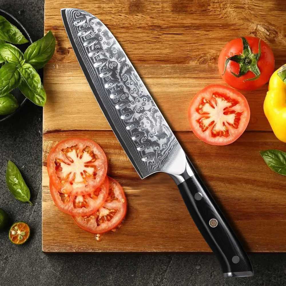 TURWHO 7 Japanese Santoku Knife Damascus Steel Professional Chef Knife Sliced Meat Chop Beef Kitchen Cooking Tool W250208