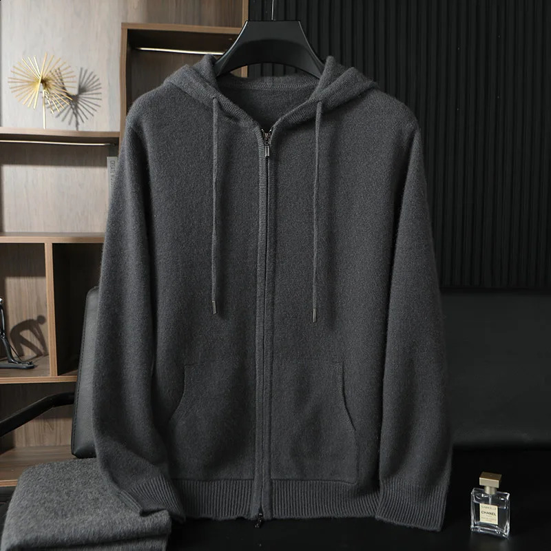 Youth Casual 100 Pure Cashmere Mens Fashion Hooded Sweatshirt Loose Knitted Cardigan Sports Top Jacket 251017