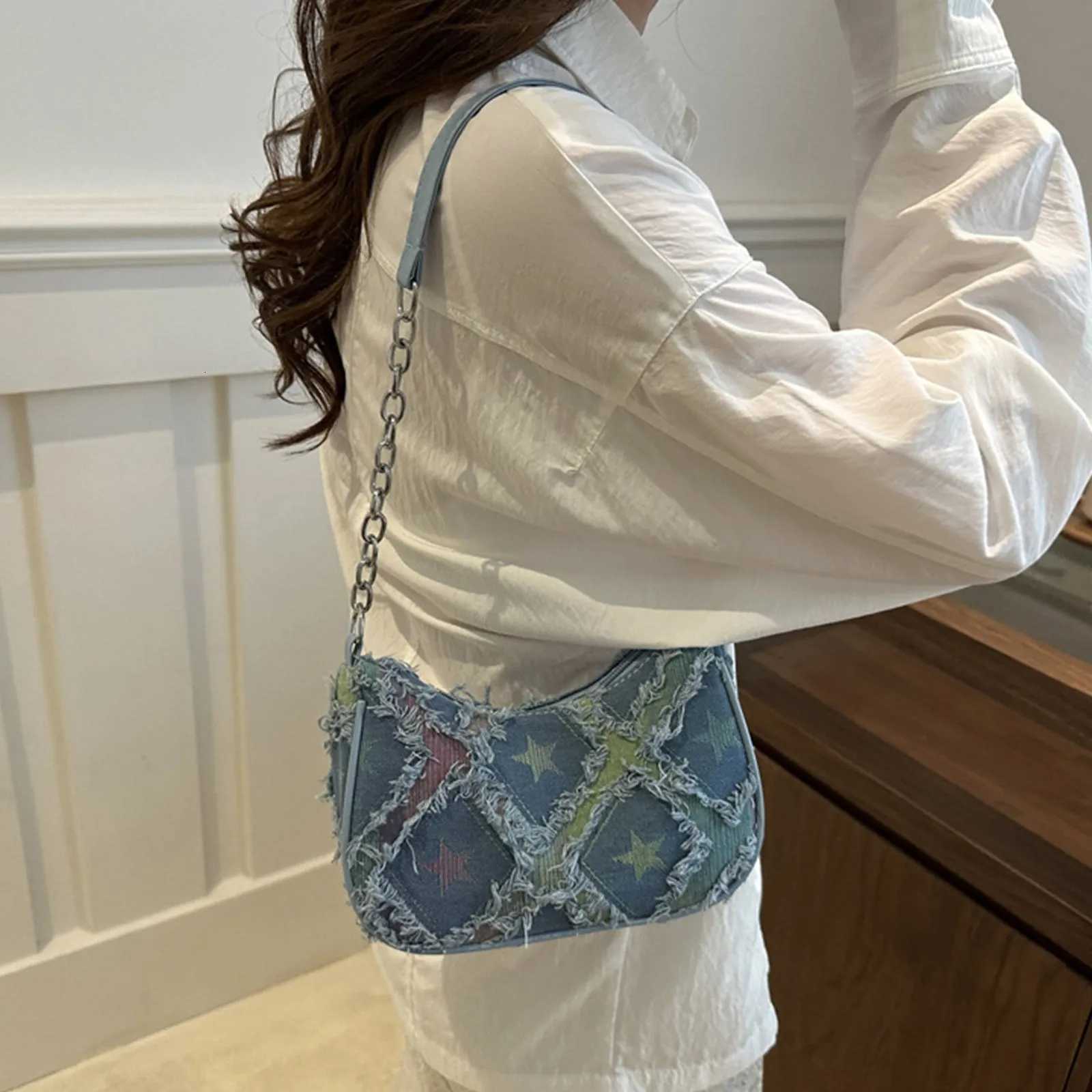 Wed Denim Casual Bag for Wen Shoder Bag Checkered Tassel Trim Underarm Purse Lady Blue Canvas Simple Shoder Bag1 D251028