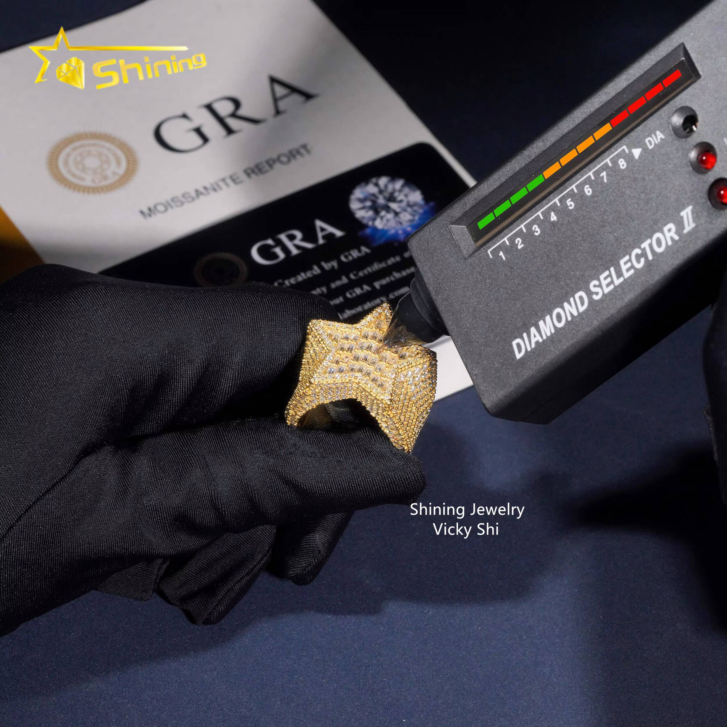 New Arrival Moissanite Hip Hop Men Ring Sterling Silver 925 Gold Plated Iced Out Baguette Moissanite Star Ring