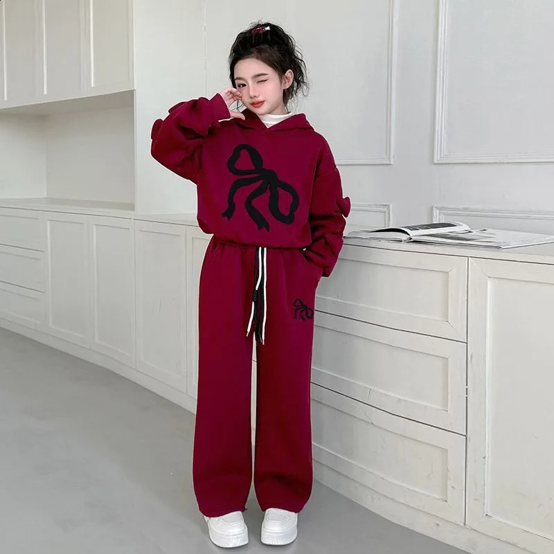 Fleecelined Top Pants 2Piece Set Hoodies Bow Girls Outfits Childrens Clothing Korean Kids Clothes 11 12 Years Girl 10 Old 251027