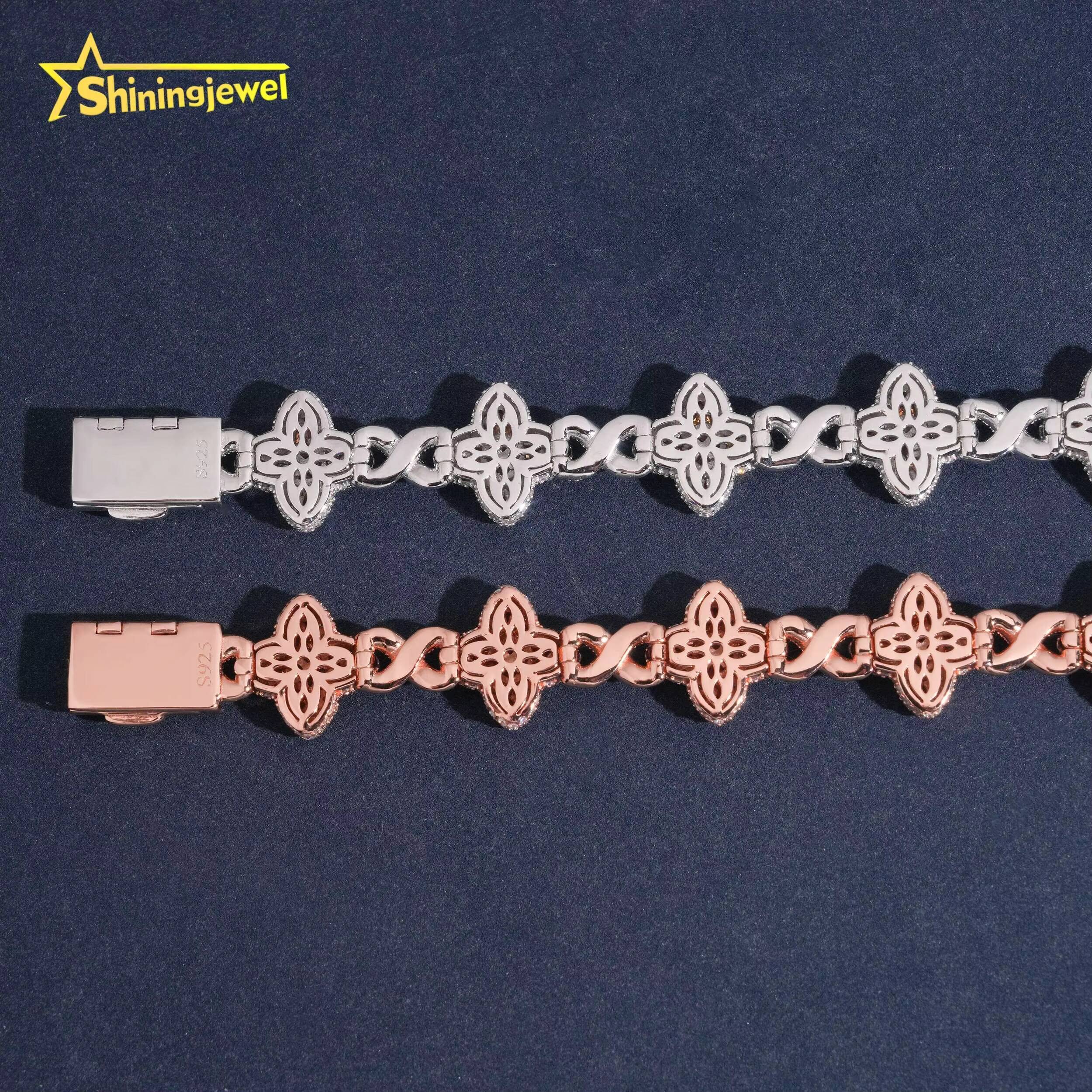 15MM 925 Silver Fanta Color Moissanite Four Leaf Clover Bracelet Hip Hop Jewelry Custom Iced Out Moissanite Cuban Bracelet