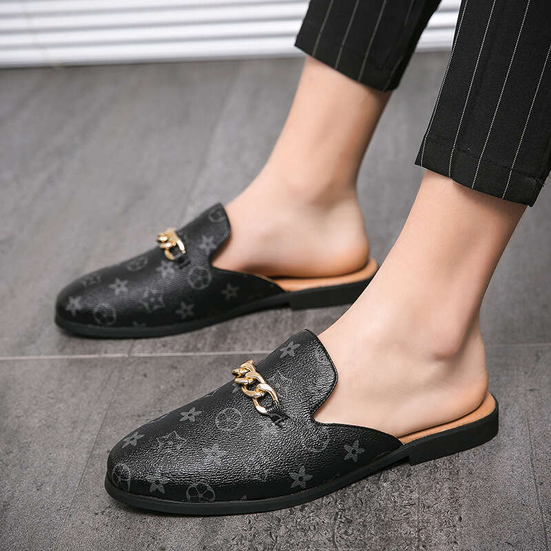 Free shipping Summer New Casual Trendy Breathable Half-Slip One-Strap Leather Size 38-46 No Heel Lazy Shoes for Men