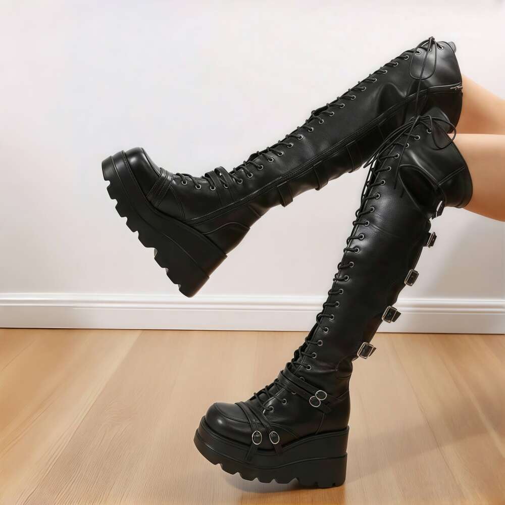 Women's Punk Platform Mid Heel Thigh High With Buckle Strap Closure, Non-Slip Rubber Sole Edgy Gothic Footwear For Cosplay, Clubbing, Motorcycle 