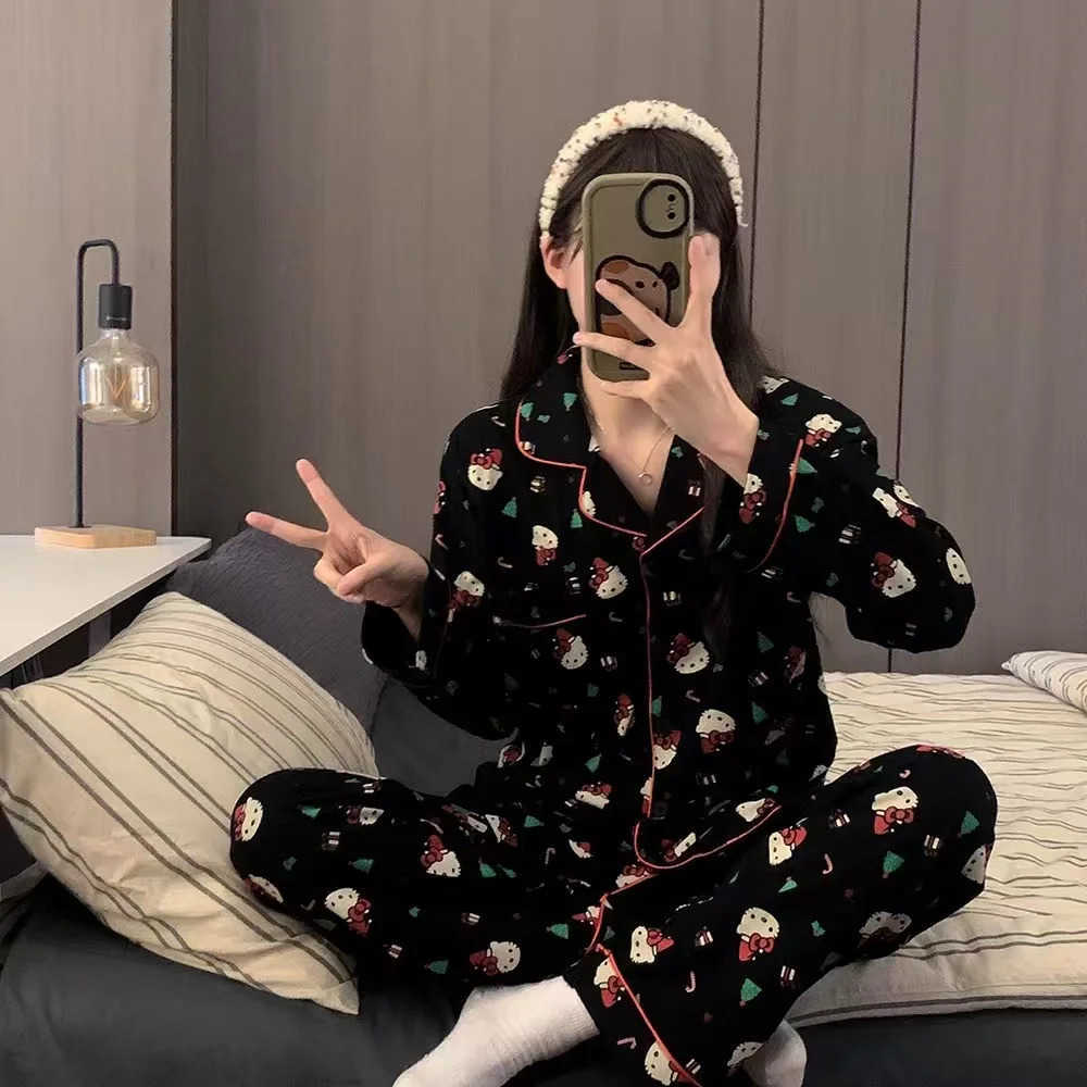 Sanrio 2PcsSet Christmas Hello Kitty Pajama Set Anime Cute Womans Home Wear Cartoon Casual Pajamas Couple Sleep Clothing Loungewear L251028