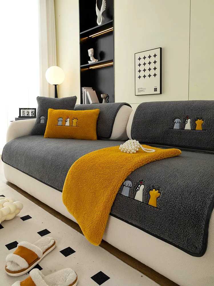 Lamb Plush Sofa Cushion Winter Warm Thickening NonSlip Living Room Sofa Cover Cloth Universal Leather Sofa Recliner Cover C251028