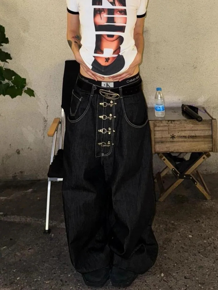 Womens Metal Buckle n Curved Wideleg Jeans High Waist Straight Baggy Denim Pants Female Vintage Street Style Trouser 251027