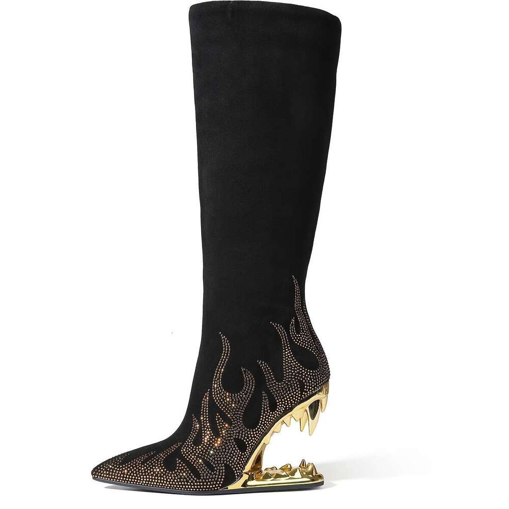 Pointed Rhinestone Wolf Teeth Heel Women's Large Long High Barrel Fashion Boots