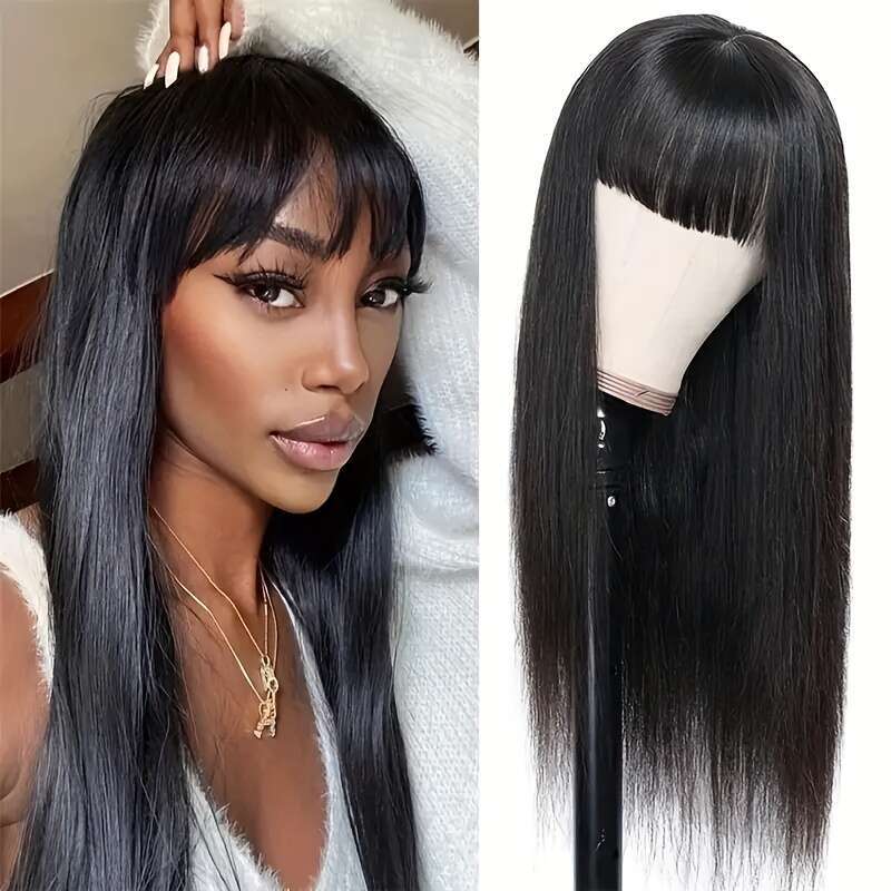 Wig Hairy Straight With Bangs None Lace Front For Women Unprocessed Brazilian Human Hair Hine Made Glueless Wigs 180% Density