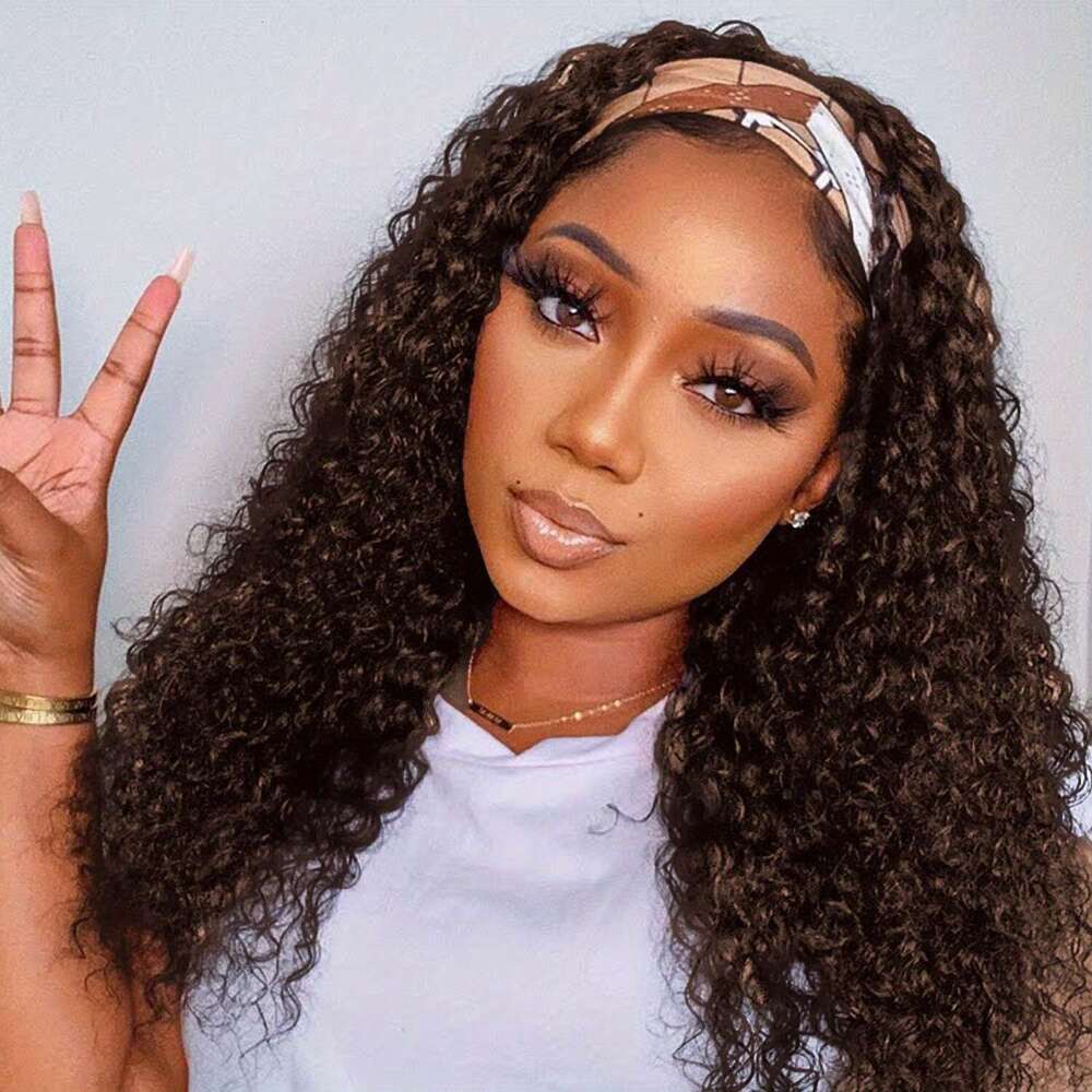 Headband Human Deep For Women Glueless None Lace Front Curly Wave Wig Brazilian Virgin Hair Wear And Go Wigs Hine Made Natural Color