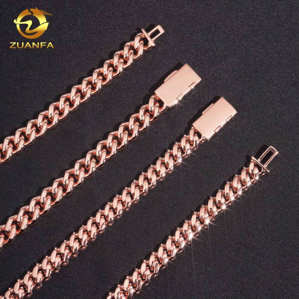 Zuanfa Jewelry 10mm Moissanite Chain Cuban Links Prong Chain 925 Silver Oval Shape Cuban Link Chain Necklace Rose Gold Plated