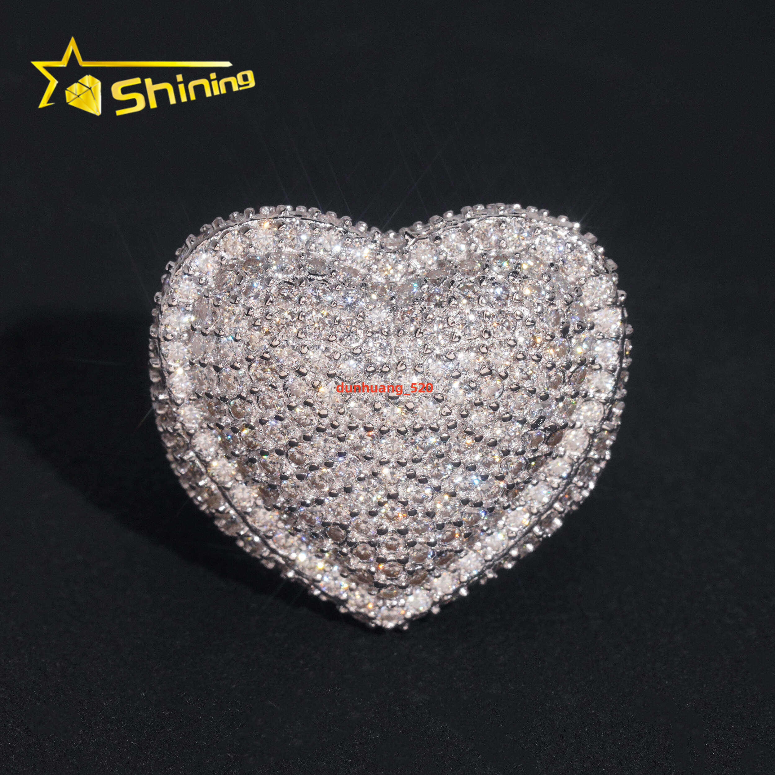 Bulk Stock New Arrivals Drop Shipping Hip Hop Fire Jewelry S925 Solid Silver Fully Iced Out VVS1 Moissanite Diamond Heart Ring