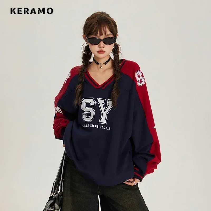 American Vintage Letter Print Fashion Casual Long Sleeve Sweatshirts 2024 Autumn Winter Womens Retro Loose VNeck Patchwork Top J251028