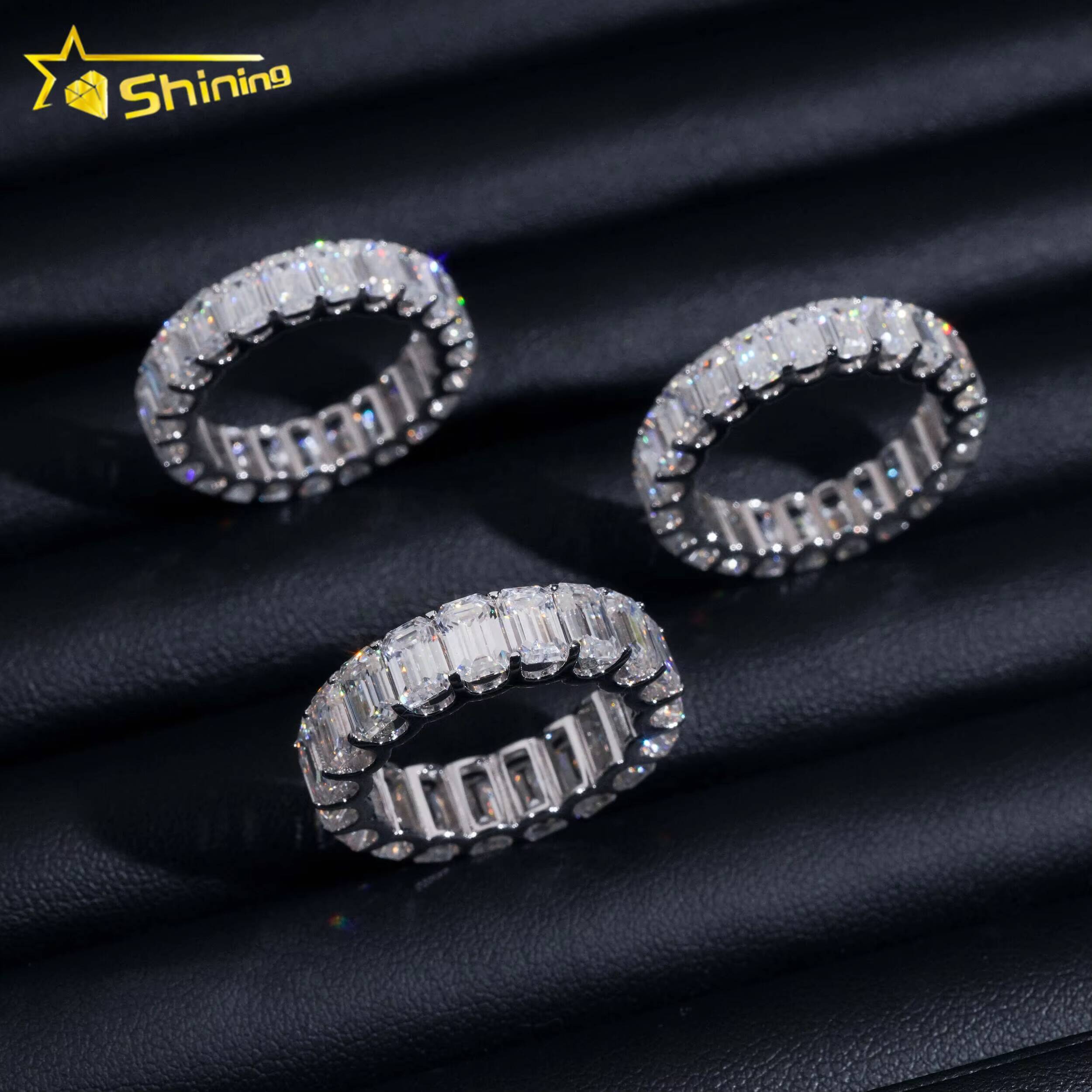 Classic Pass Tester Hip Hop Fine Jewelry 925 Sterling Silver Fully Iced Eternity Emerald Cut Band Ring Moissanite Iced Out Ring