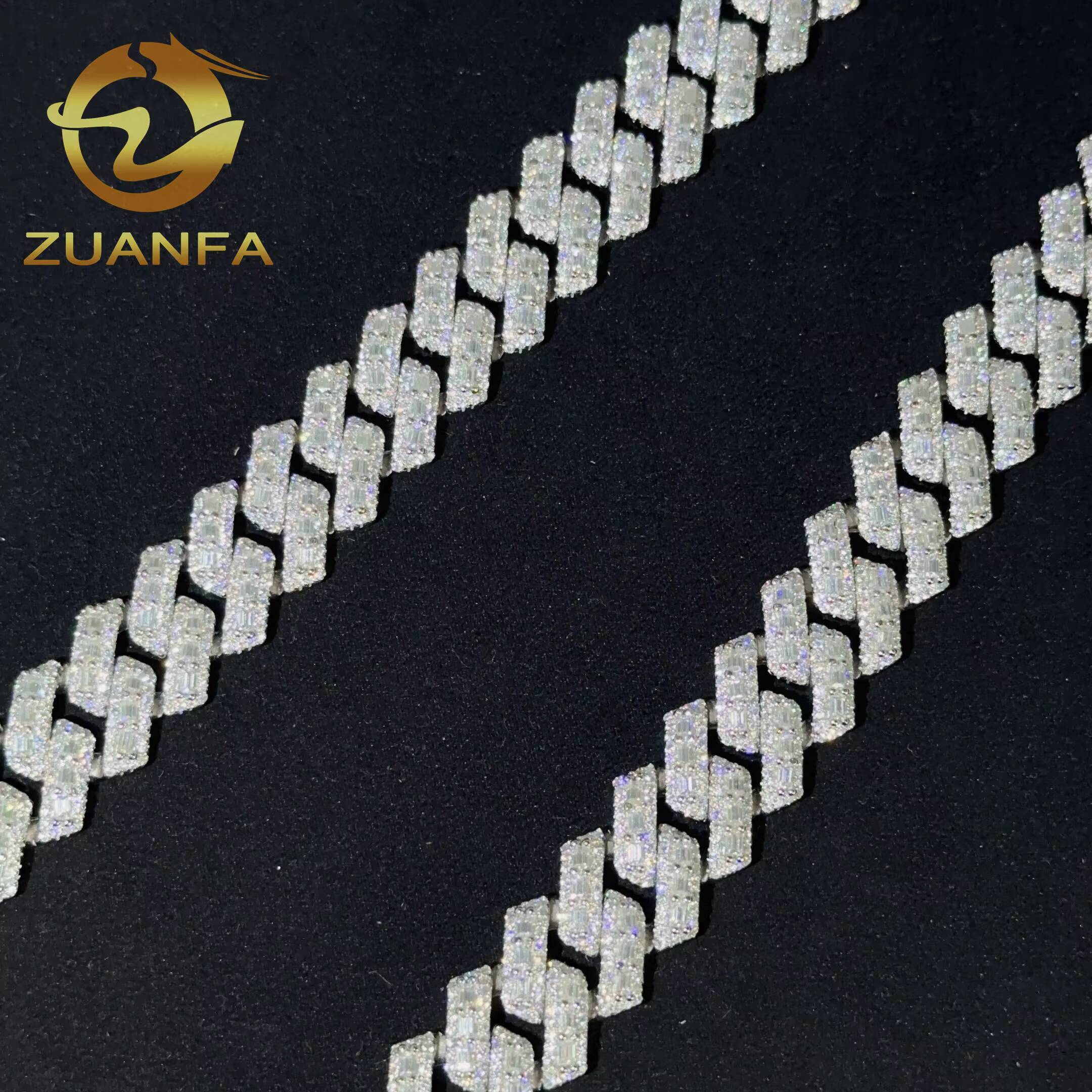 Buss Down 15mm Baguette Cut Cuban Link Chain Moissanite Hip Hop Jewelry 925 Silver Iced Out Cuban Link Pass Tester Men Chain