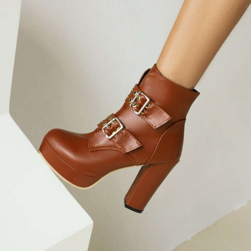 Women's Ultra High Block Heel Winter With Golden-Tone Metal Buckles Round Toe PU Upper, Thick Warm & Non-Slip Rubber Sole - Brown/Black Short Boo