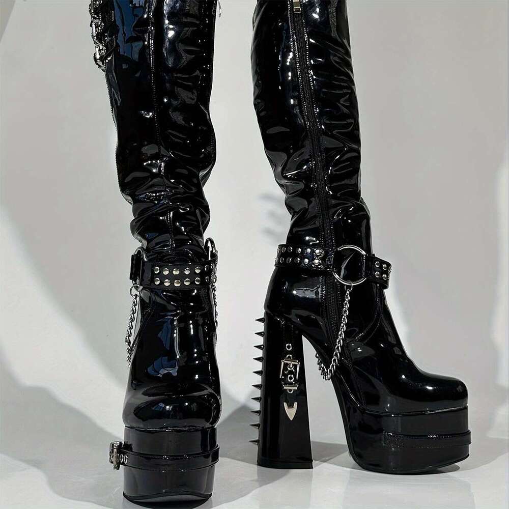 Women's Black Rivet Chain Studded Platform Knee-High Boots With Thick Heel, Zipper Closure, Glossy Cover Rubber Sole For Edgy Fashion & Comfort, 