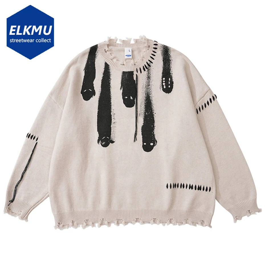Hip Hop Sweaters Streetwear Y2K Grunge Ripped Ghost Print Punk Gothic Knitted Jumpers Autumn Harajuku Casual Pullover Sweaters 251023