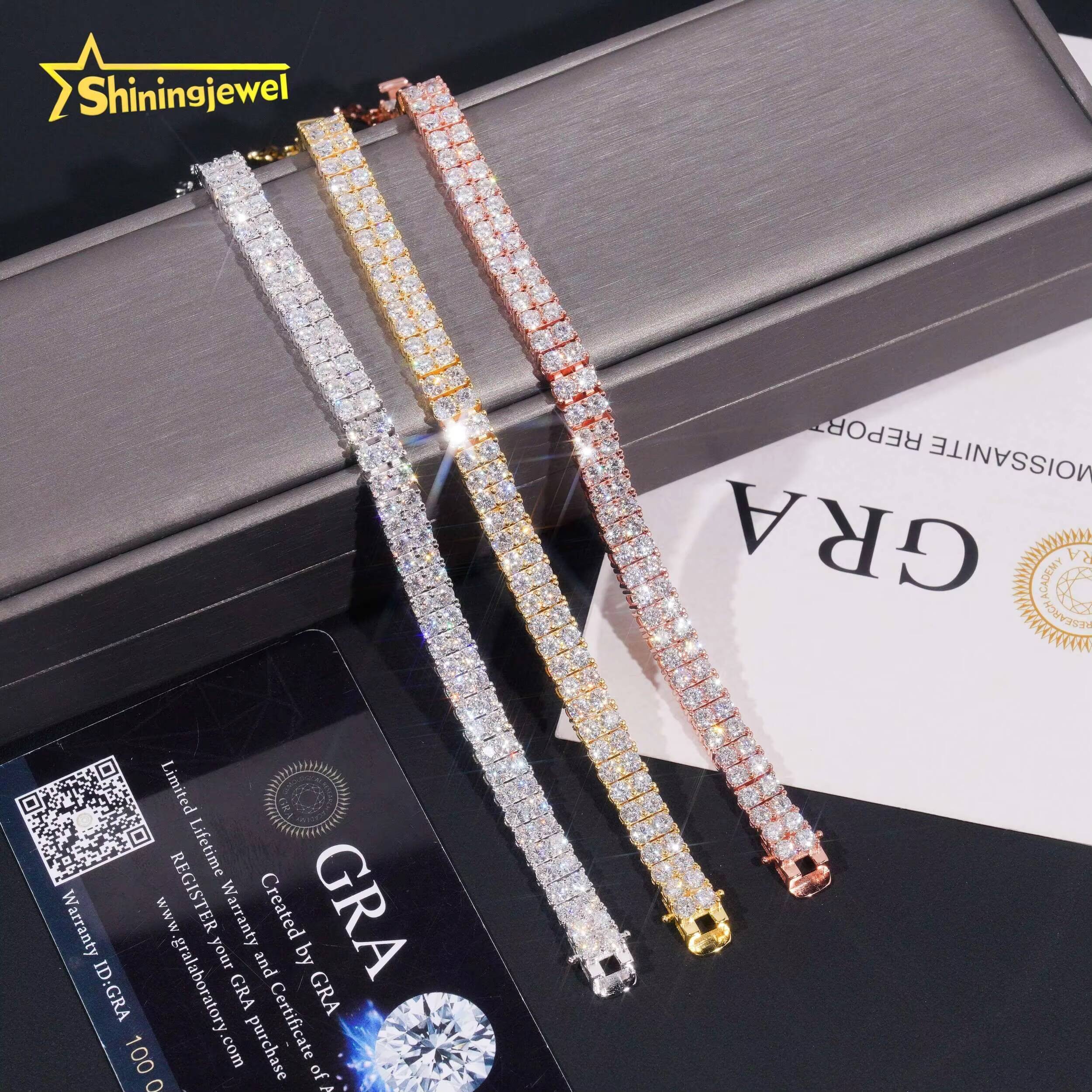 2rows VVS GRA Moissanite Tennis Bracelet Sterling Silver 925 Luxury Gold Plated Moissanite Hip Hop Tennis Chain Jewelry