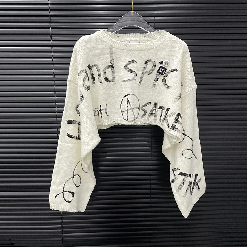 DEAT 2025 Autumn Fashion n Letter Printed Knit Sweater Top For Women Loose High Waist Oneck Pullover Female 11A05680 251027