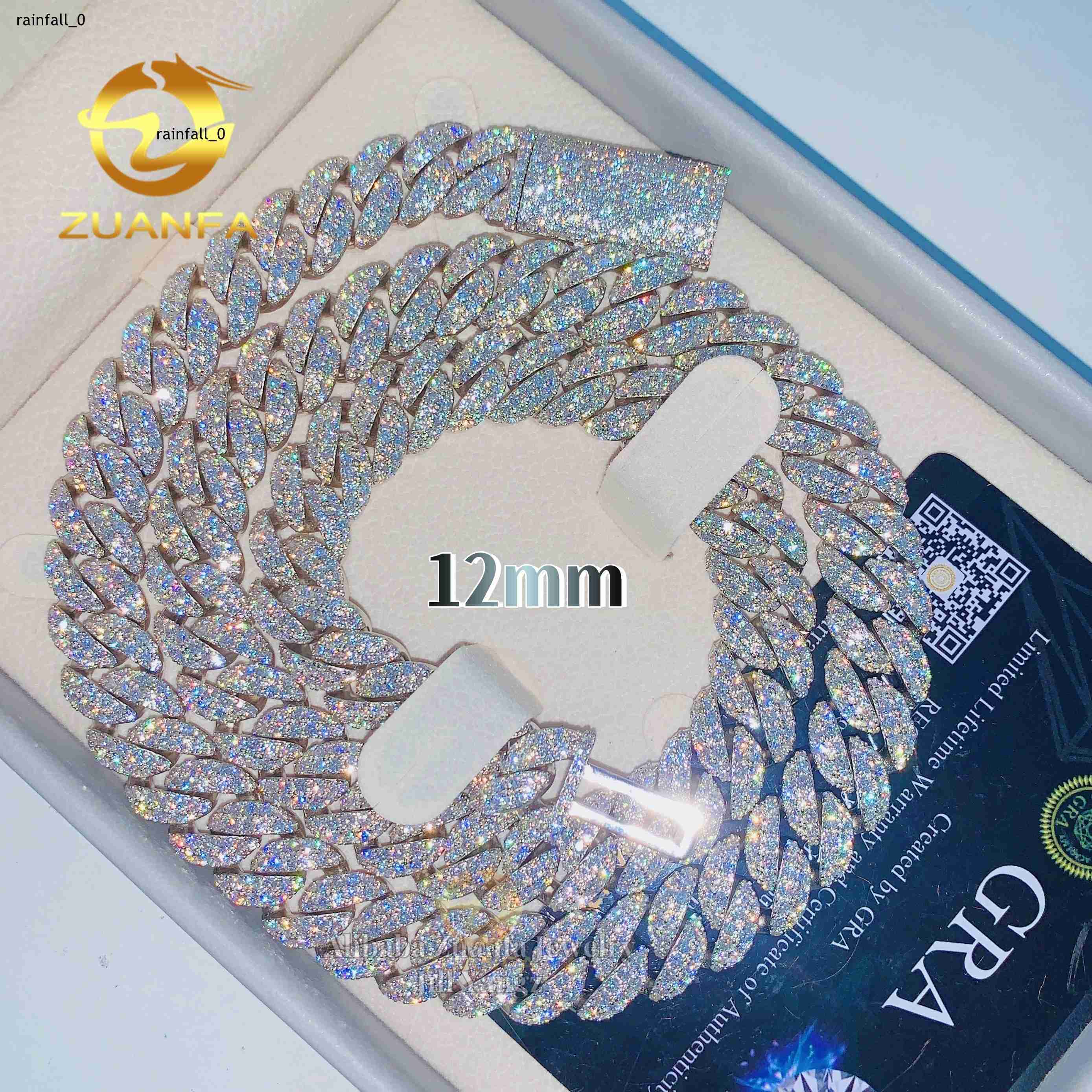 Two Row 12mm Moissanite Chain Cuban Links New Moon Soldier Chain Iced Out Necklace 925 Silver Cuban Link Chain Necklace