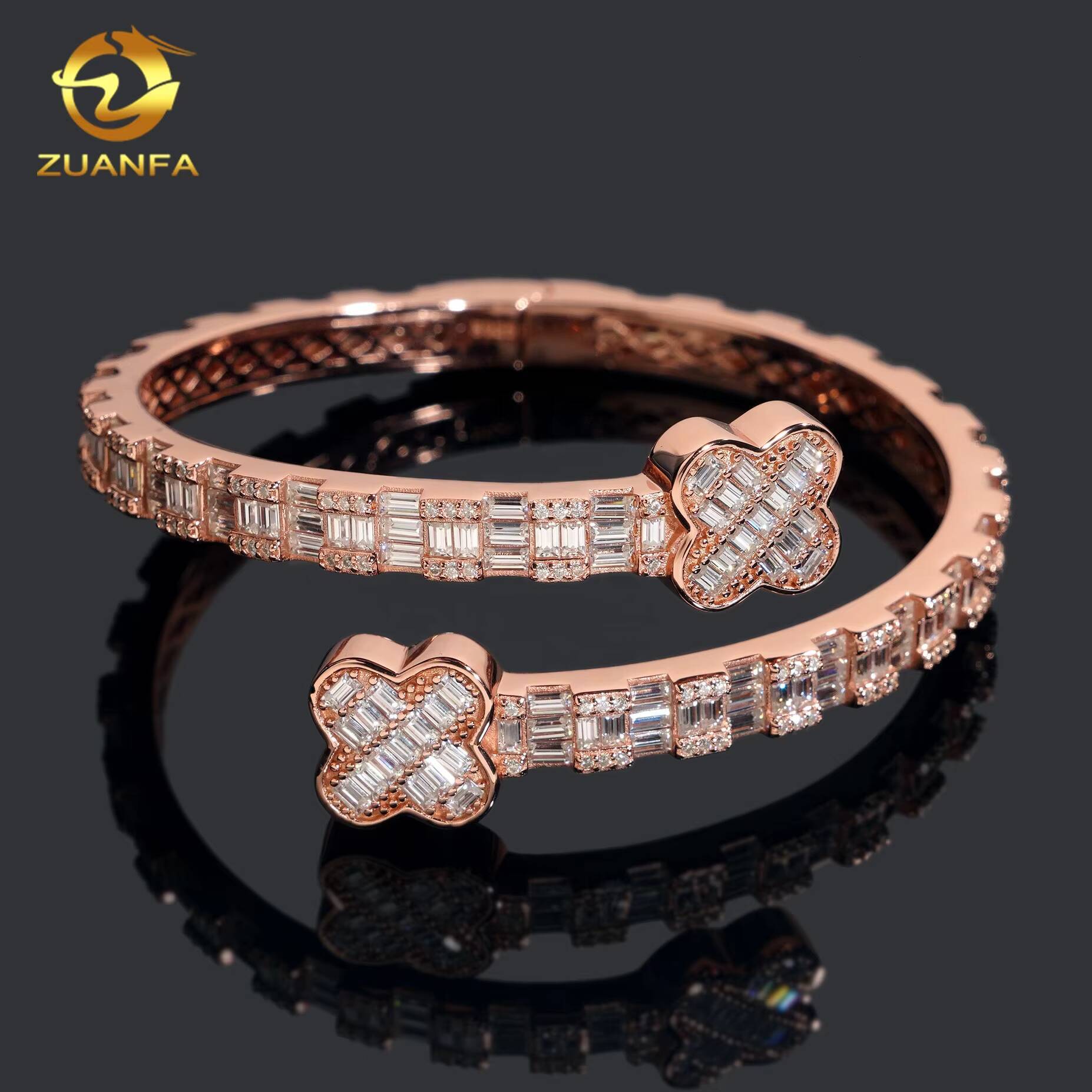 925 Sterling Silver Iced Out Hip Hop Jewelry VVS Moissanite Diamond Four Leaf Clover Bracelet Bangle Men