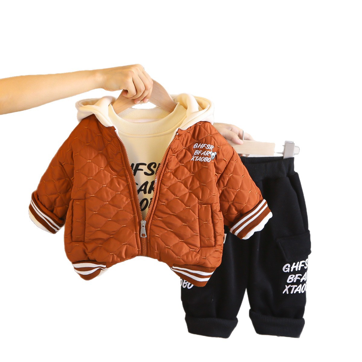 Kids Clothing 2025 Boys Winter Fleece-Lined 3-Piece Set, English Bear Print Overalls Outfit, Warm Thermal Clothing for Baby Boy & Toddler Free Shippin