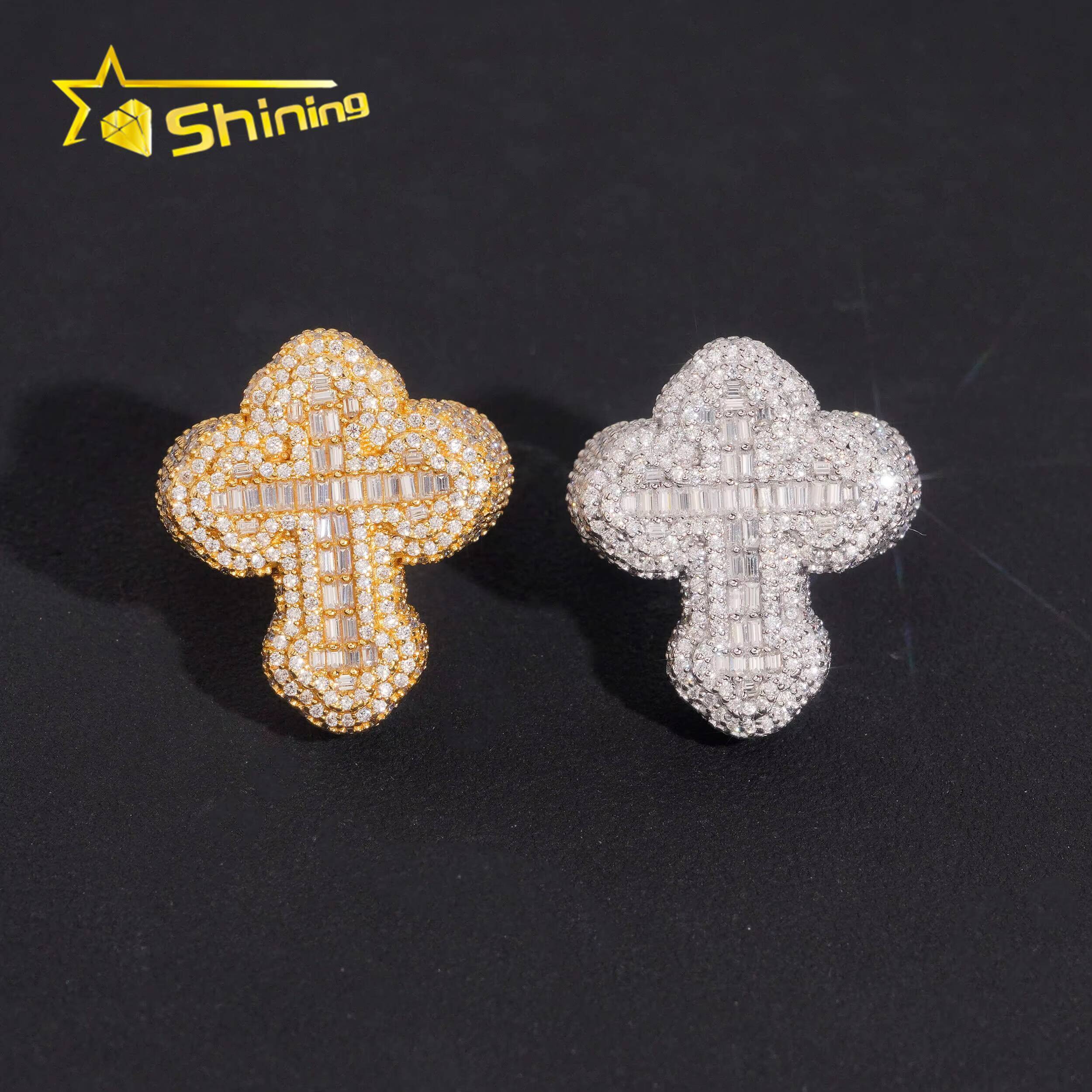 Baguette Moissanite Iced Out Cross Ring GRA Moissanite 925 Sterling Silver Gold Plated Hip Hop Mens Rings New in Stock