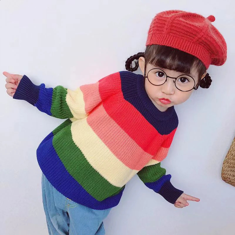 Kids Baby Girls Boys Sweater Autumn Winter Full Sleeve Rainbow Stripes Pullover Sweater Toddler Children Knit Sweater 251027
