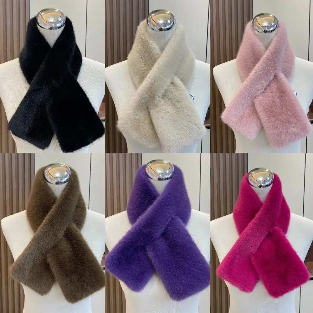 Women Winter Warm Thicken Cross Collar Scarf Solid Color Faux Rabbit Fur Cold Proof Scarves Fashion Soft Furry Neck Warmer 251023