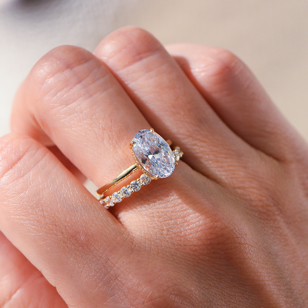 FOXI 2 Ct Oval Cut Moissanite Wedding 14k Gold Plated Bridal Engagement Set Art Deco Matching Stacked Bands Ring