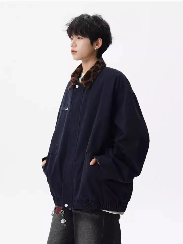 Leopard Collar Cargo Jacket Men American Vintage Washed Distressed Denim Coat Oversized Utility Street Edgy Fall Outwear 251017