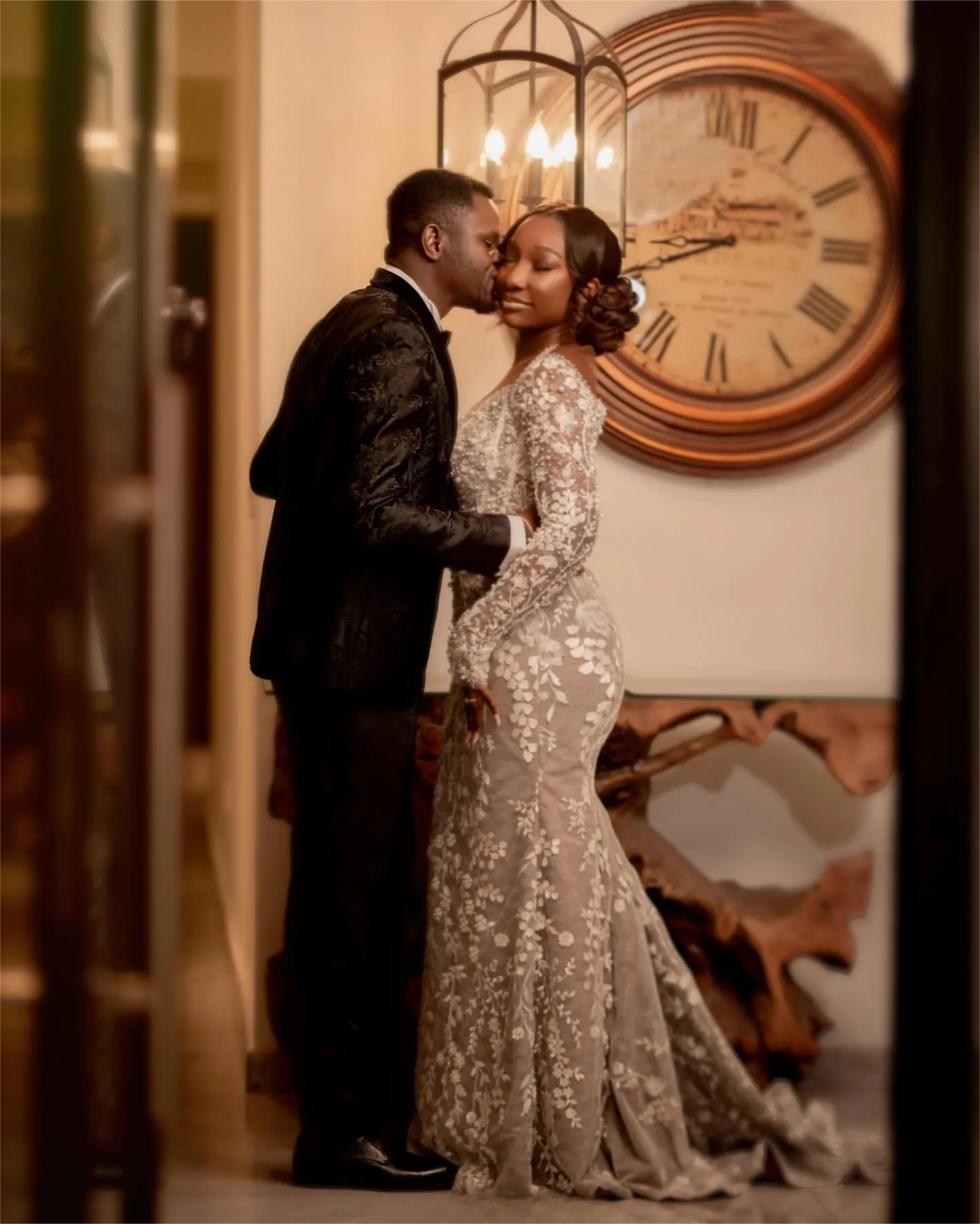 Aso Ebi Illusion Mermaid Wedding Dress in Ivory with Lace Beaded and Sheer Neck