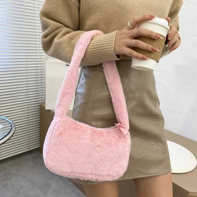 Simple Design Women Soft Plush Hobos Shoulder Bags Winter Furry Ladies Clutch Purse Handbag Fashion Female Underarm BagT251028