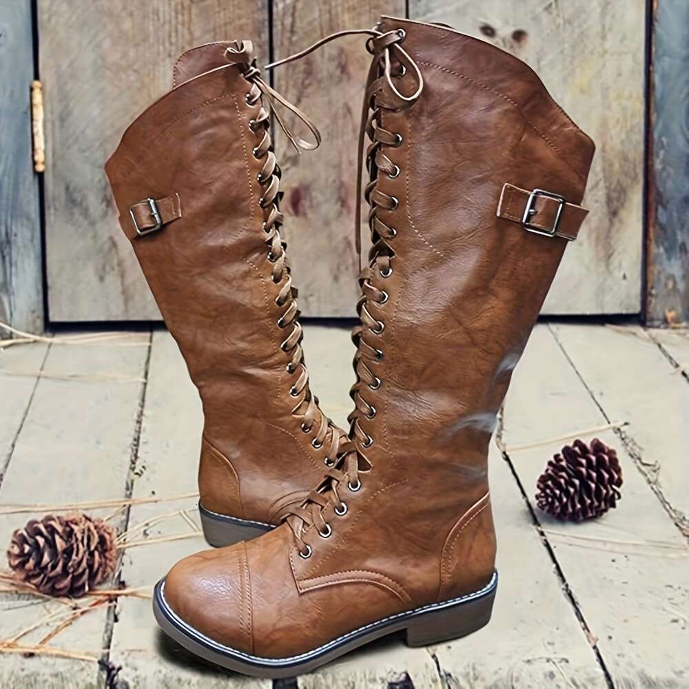 Women's Knee-High Slouch Lace-Up Opening, Low Heel Round Toe Faux Cover All-Season Zipper Closure Cushioned Insole Red/Black/Brown Western Dress,