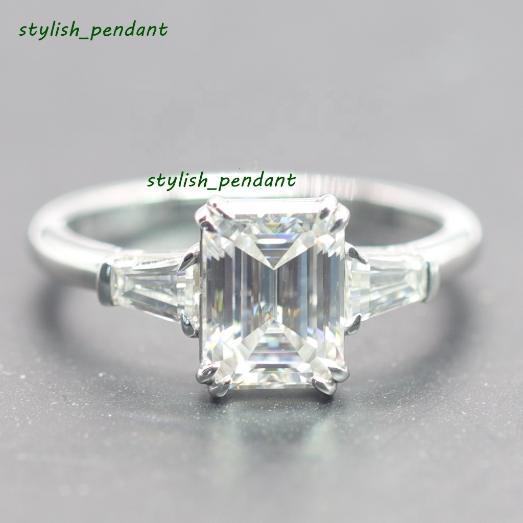 18K Solid White Gold Custom Jewelry Ring with 2CT Emerald Cut Main Stone Elegant Trapezoid Shape Moissanite White Gold Matched