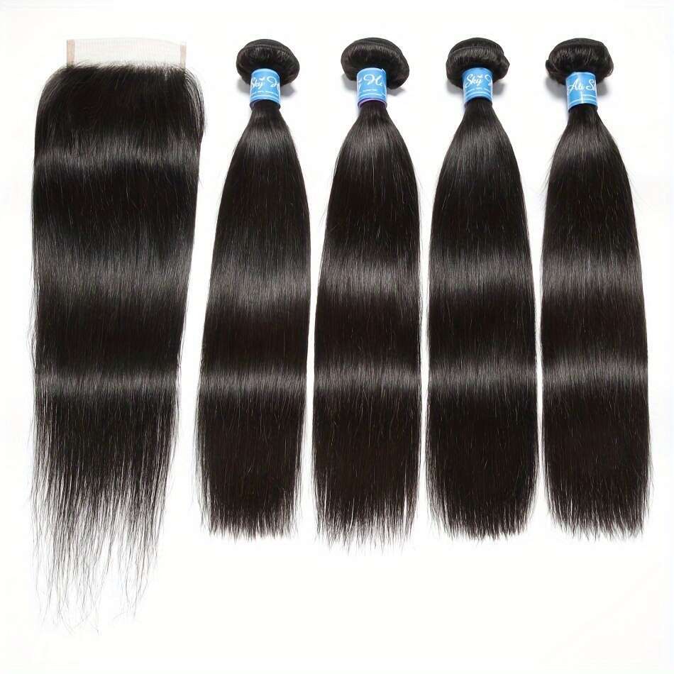 3 12A 100% Unprocessed Peruvian Virgin Human Weave - Bone Straight 5X5 HD Transparent Lace Closure, Natural Black Free Part For, Versatile Styling Sty