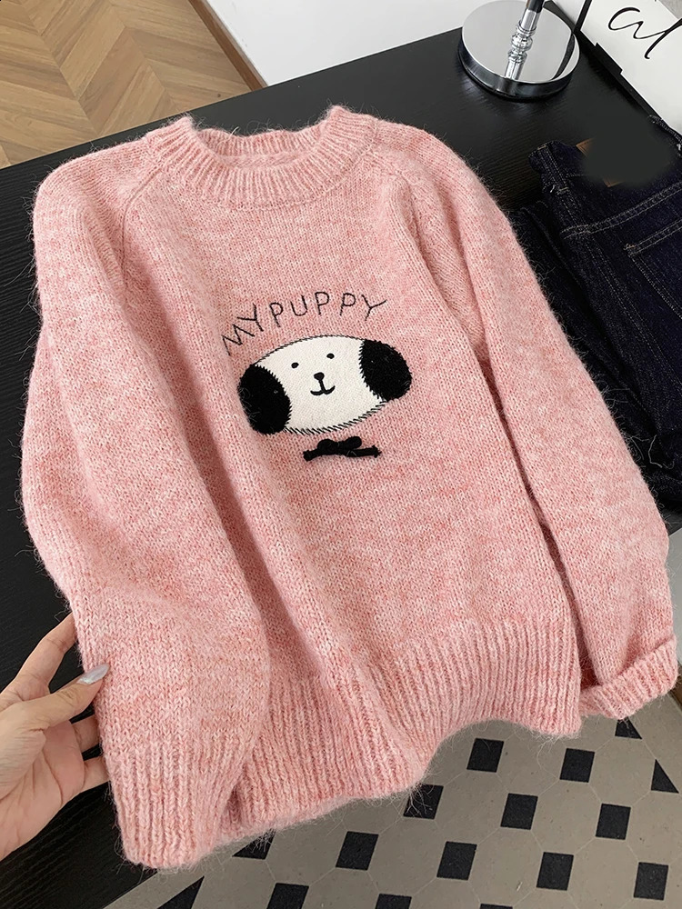 Pink Sweet Cartoon Sweaters Women Lazy Wind Long Sleeve Cute Knitted Jumper Japan Kawaii Lady O Neck Fall Winter Letter Pullover 251027