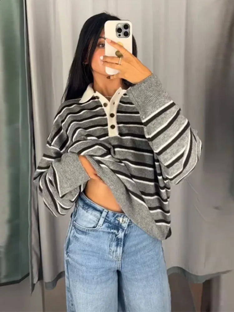 Polo Collar Striped Pullover Sweater Loose Long Sleeve 2025 Autumn Daily Cozy Women Knit Top Trendy Chic Casual Lady Knitwear 251027