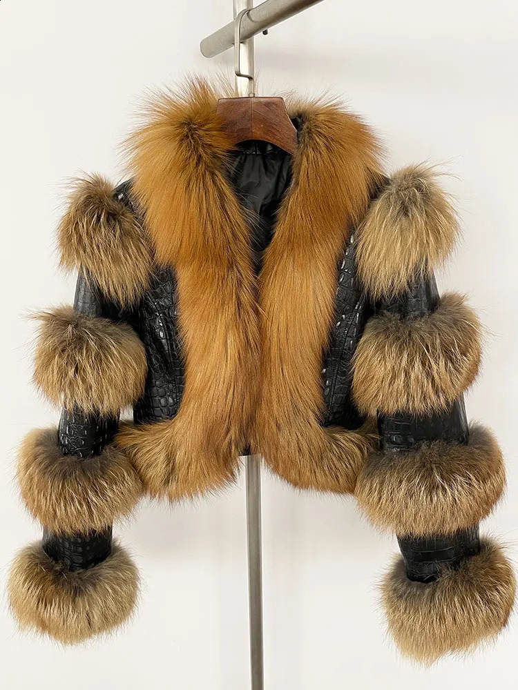 MENINA 2025 Fur Coat Winter Jacket Women Leather Natural Raccoon Fox Fur Duck Down Outerwear Thick Warm Streetwear 251027
