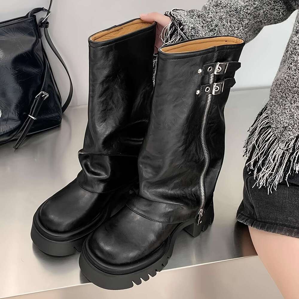 Women's Round Toe Mid Knee High Platform Slouch Fold Over Tall Riding Low Heel Wide Calf Boots