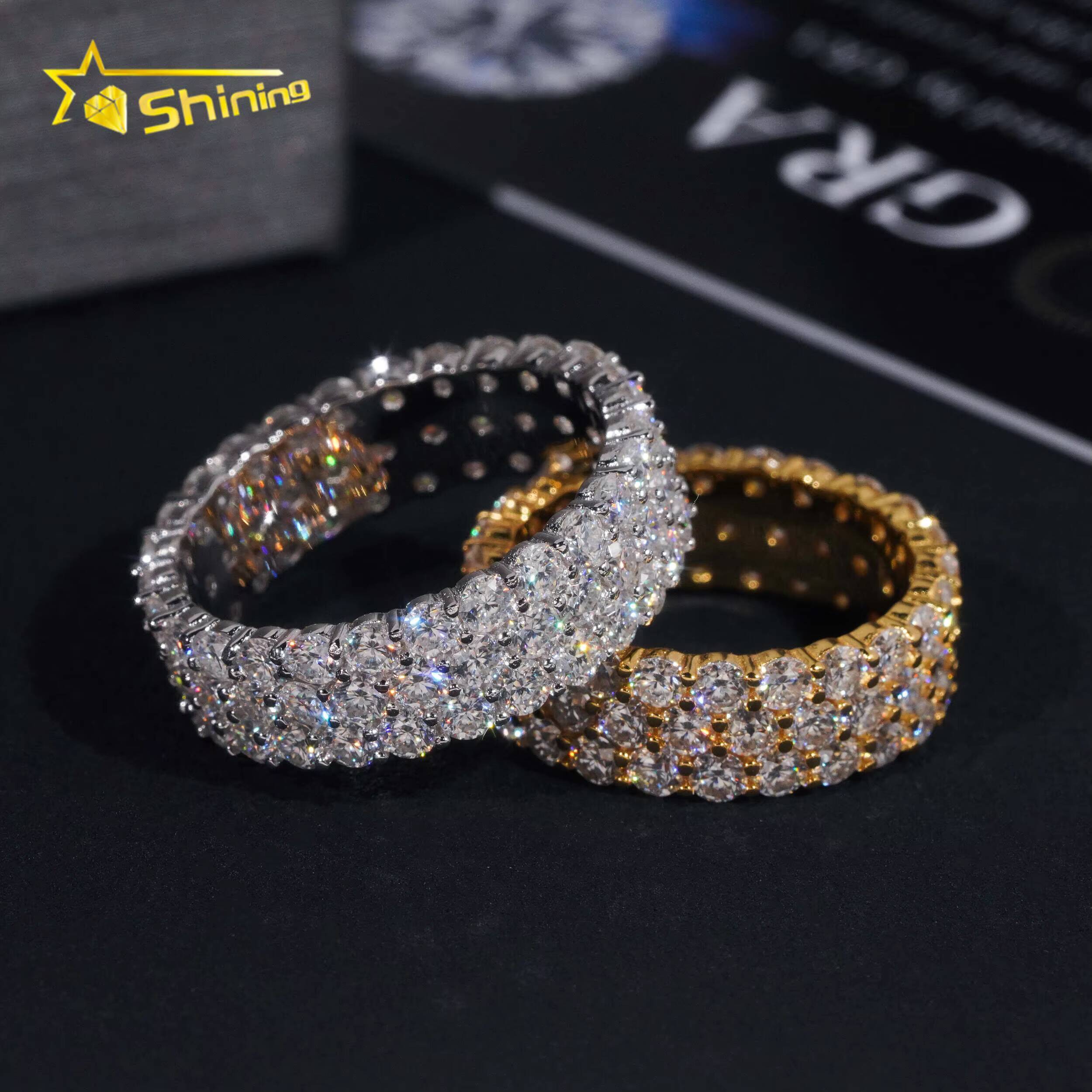 Fine Jewelry Men Hip Hop Ring Pass Diamond Tester 925 Silver Gold Plated 3 Rows VVS Iced Out Moissanite Diamond Ring