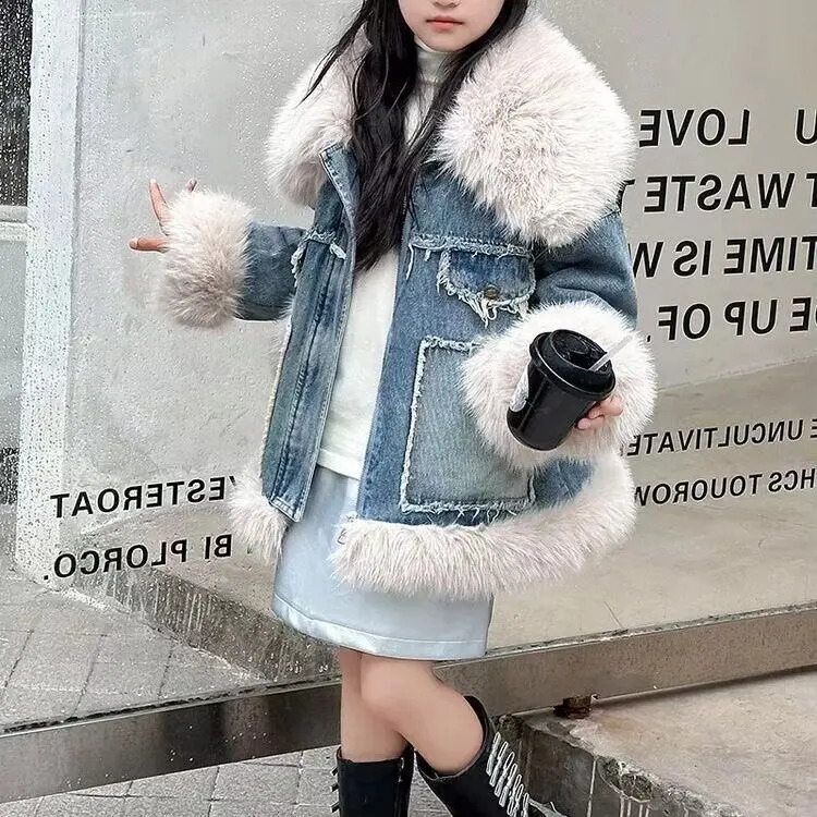 Winter Childrens Denim Parkas Nature Big For Fur Collar n Thicker Warm Fur Coat Girls Down Jacket 251027