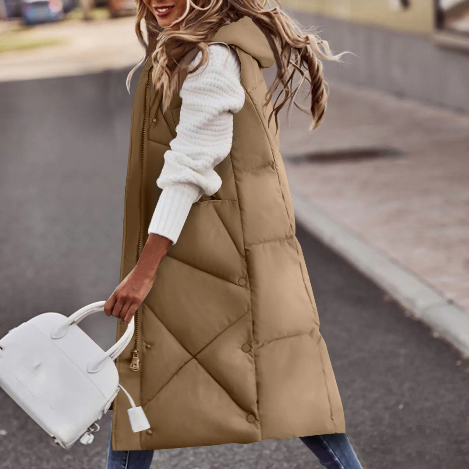 Sleeveless Coat Sweater Vests For Women Long Hoodie Warm Down Coat With Pockets Quilted Outdoor Jacket Vests Woman Winter 251027