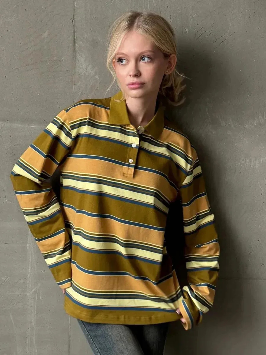 Womens Striped Polo Shirt Long Sleeve Vintage Collared Top Color Block Preppy Style Loose Fit Casual Tunic Contrast Trim Retro 251027