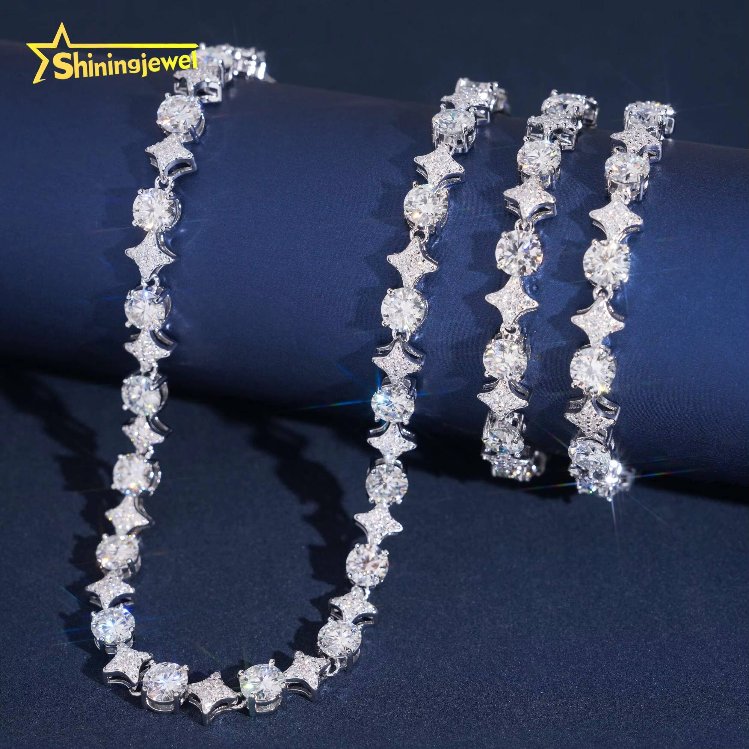 Iced Out Star Shape Tennis Chain 925 Silver Moissanite Bracelet 8mm Tennis Necklace Pass Diamond Tester Moissanite Necklace