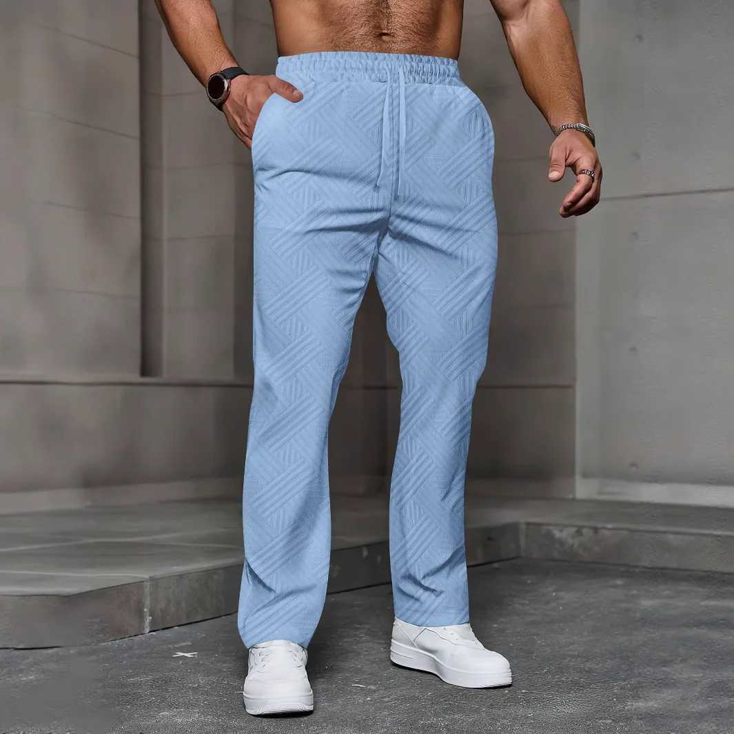 Mens sporty casual trousers fashionable jacquard elastic waist street pants solidcolor loose allseason pants W251028