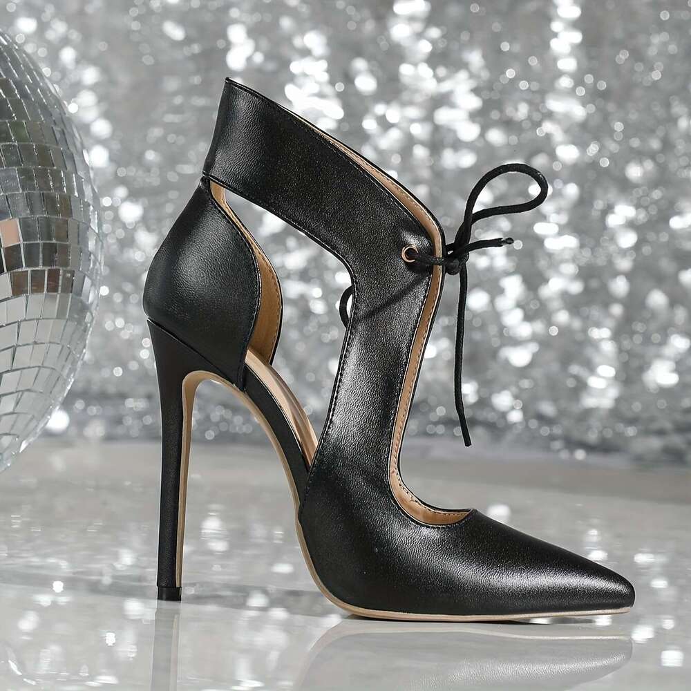 Elegant Black Lace-Up High - 12Cm Stiletto With Bow Detail, Pointed Toe, Comfortable PU Cover, Versatile Work Shoes For Women, Stylish Dressy