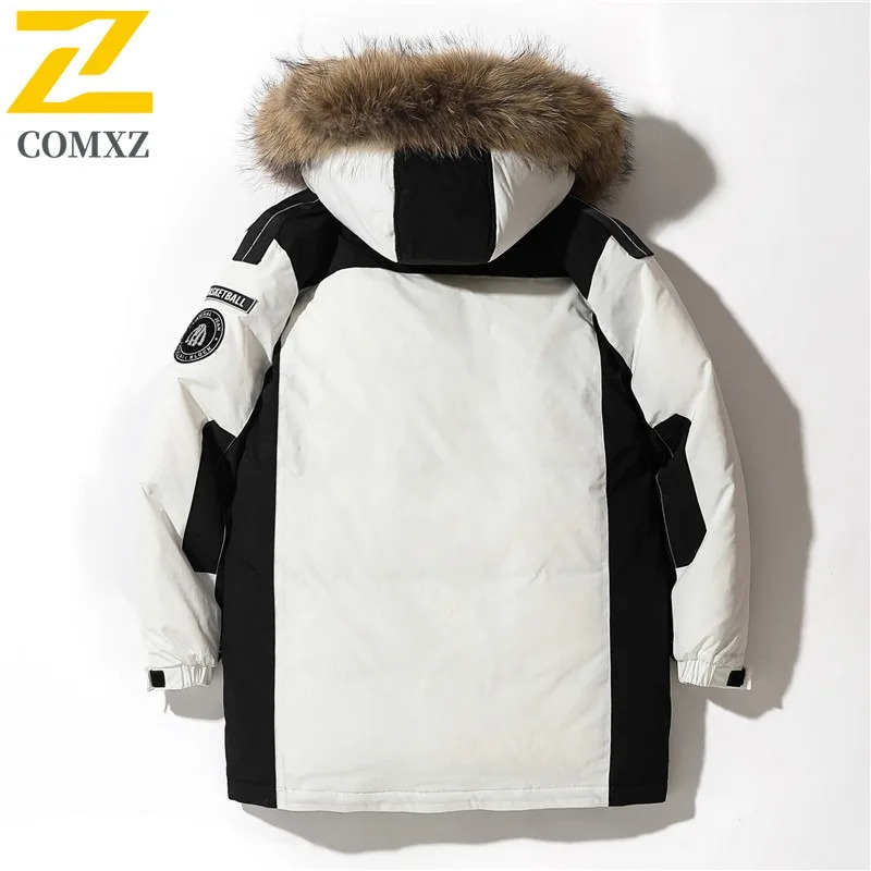 COMXZ Men Mid Length Down Jacket Big Fur Collar Workwear Winter Top Fashion Loose Fit Thermal Cold Proof White Duck Down Coat 251023